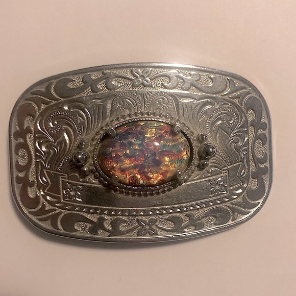 VTG Glass Opal Simulated Cabochon Floral Etched Silver Tone Buckle 2.8” x 1.7” - Picture 2 of 7